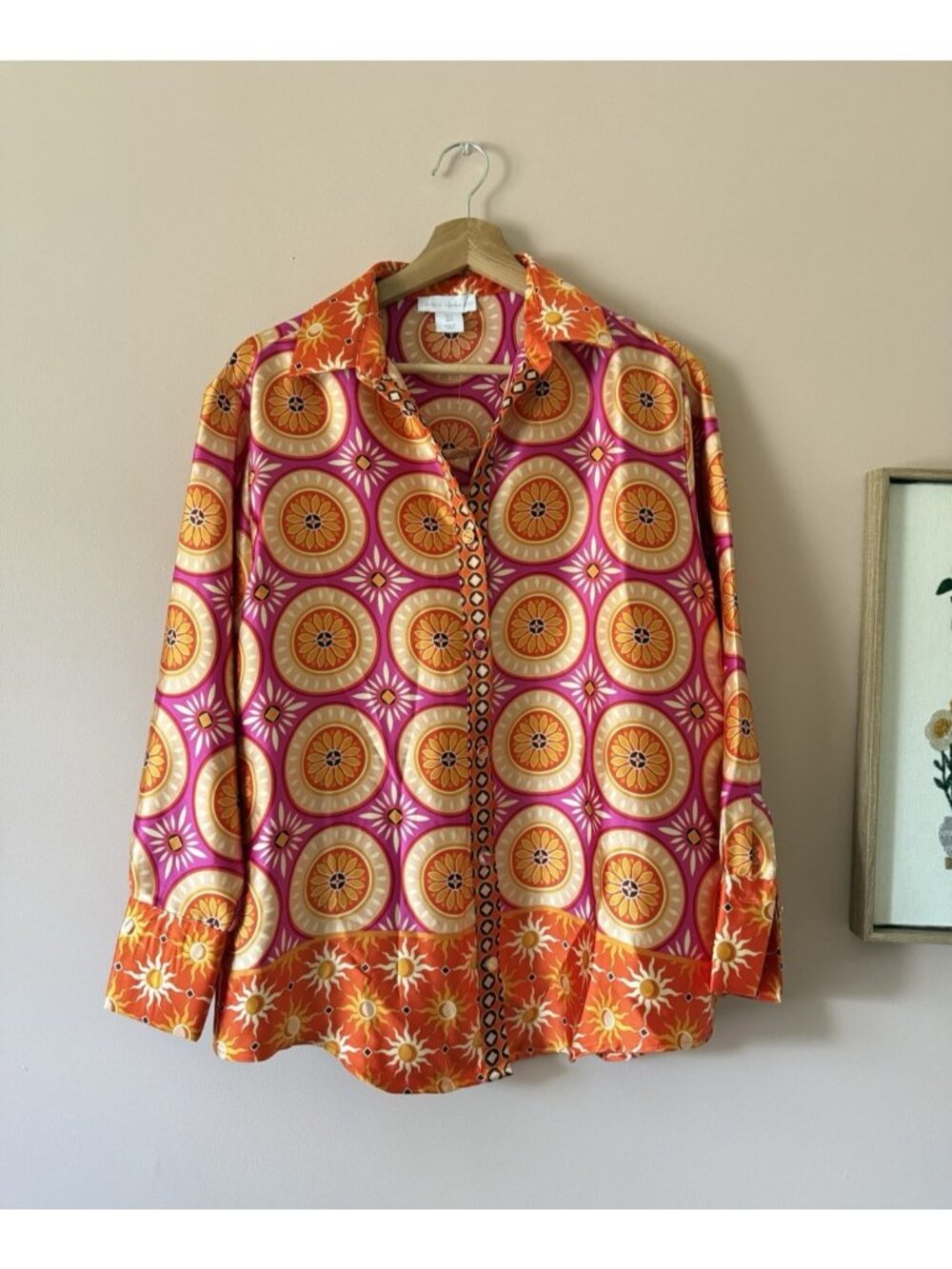 House Of Harlow 1960 Medallion Printed Silky Button Down Top Retro Hippie Boho S